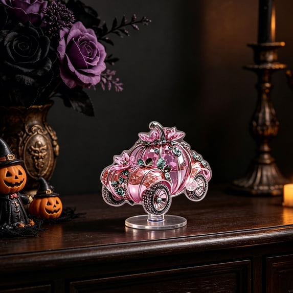 Gumesh Halloween Decoration Acrylic Pink Pumpkin Sign Pumpkin Table Decor 4 Inch Happy Halloween Desktop Ornament for Farmhouse Home Living Room Holiday Decor