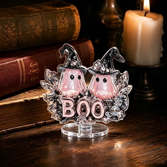 Gumesh Halloween Ghost Coffee Centerpiece -Detachable Acrylic Table Decor with Base, Standing Sign for Home Indoor Desktop Office Shelf
