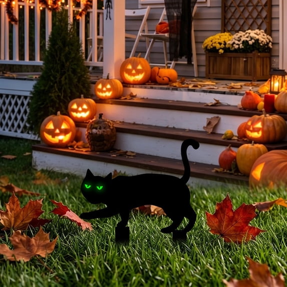 Gumesh Halloween Glow-in-the-Dark Black Cat Yard Stakes,Black Silhouette Spooky Pathway Decor for Outdoor