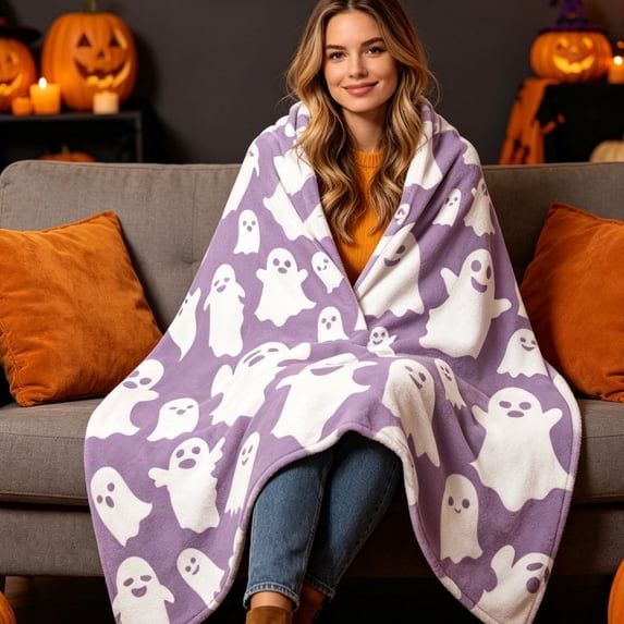 Gumesh Halloween Throw Blanket 51" x 39" - Soft Flannel Ghost Blanket, Cozy Plush for Couch, Sofa & Bed, Fall Winter Decor, for Kids & Adults (Purple)