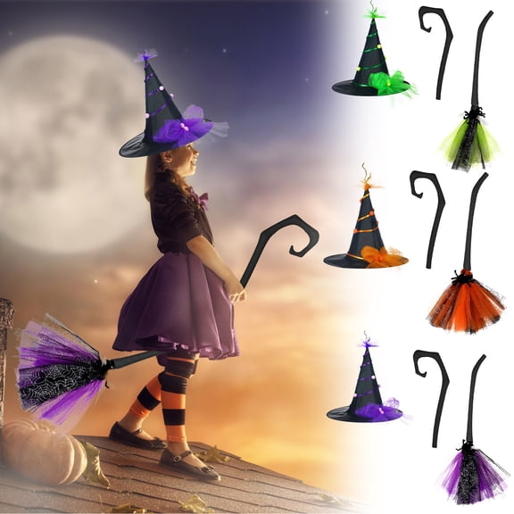 Gumesh Halloween Witch Decoration Set - Flying Broomstick with Detachable Handle, Witch Hat , Ghost Festival Costume Props