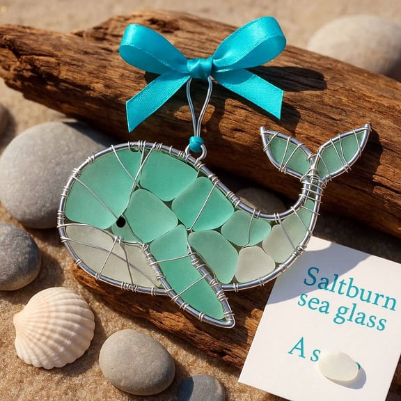Gumesh Handmade Sea Glass Suncatcher - Coastal Beach House Decor, Recycled Glass Wind Chime Ornament for Window, Christmas Tree