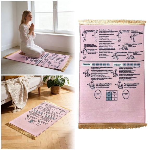 Gumesh Islamic Prayer Mat with Arabic Recitation Guide, English Translation Travel Rug for Daily Use - 28x20Inch,Pink