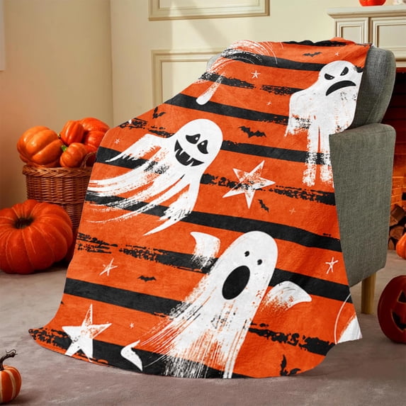 Gumesh Happy Halloween Funny Ghost Blanket, Soft Anti-Pilling Throw Blanket, Lightweight All Seasons Spooky Flannel Blanket for Couch Sofa Bed 30x40 in orange & White