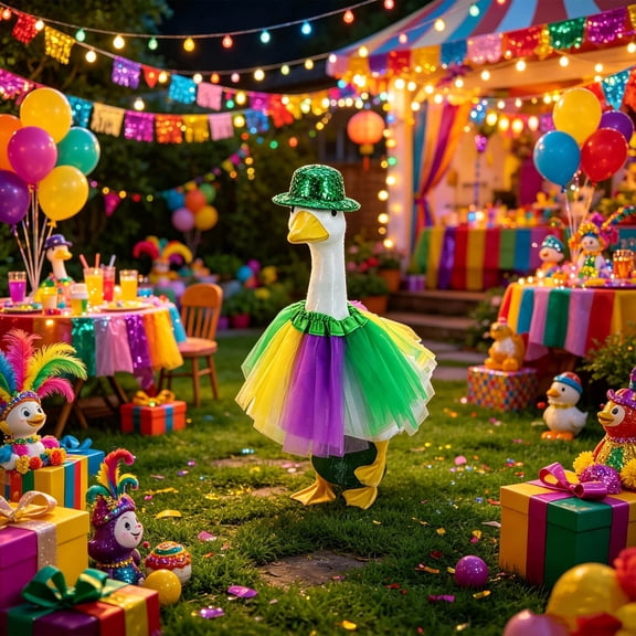 Gumesh Mardi Gras Duck Garden Outfits, Glitter Top Hat & Tutu Outfit Goose Sculpture for Carnival Yard Outdoor Decor