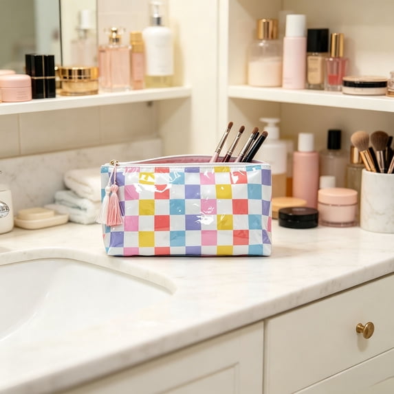 Gumesh PVC Waterproof Striped Makeup Bag,Clear Coated Cosmetic Bags,Easy to Clean,Travel Organizer Zipper Pouch Beach Vacation Essentials for Women Girls(Multicolor)