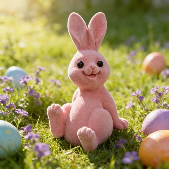 Gumesh Pink Flocking Easter Bunny - Soft Sitting Rabbit Figurine, Handmade Feel Decor for Nursery, Bedside, Spring Gift & Easter Keepsake