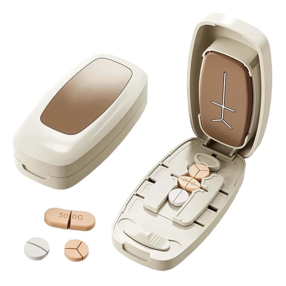 Gumesh Portable Pill Cutter- Adjustable to 1/2 or 1/4 Sizes with Centering Tray, Pill Taker Household Gadgets for Multiple Pills, Safe & Accurate(Beige)