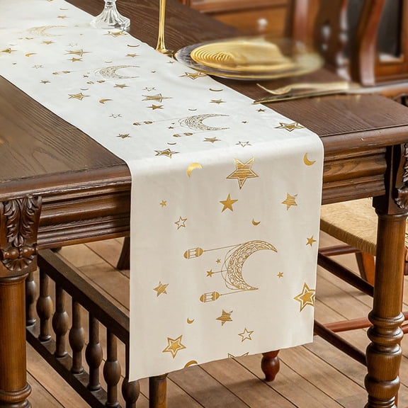 Gumesh Ramadan Table Runner - Elegant Linen with Islamic Motifs, Creates a Festive Setting for Iftar Dinner & Holiday Table Decor,Beige