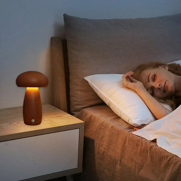 Gumesh Rechargeable Mushroom Lamp - Wooden LED Bedside Lamp with Warm Ambient Glow (Touch Control, 8H Timer, Natural Oak)