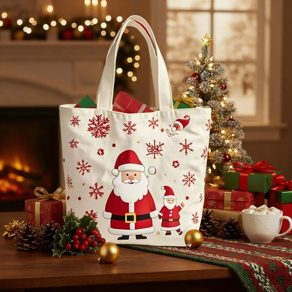 Gumesh Santa Claus Christmas Tote Bag - Reusable Canvas Gift Sack for Eve Apples, Holiday Presents & Party Favors, Large Shopping Tote with Print