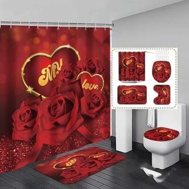 Gumesh Shower Curtain 4 Piece Sets 3D Hearts Texture Valentine with Non-Slip Rugs,Toilet Lid Cover and Bath Mat, Bathroom Set Holiday Home Decor