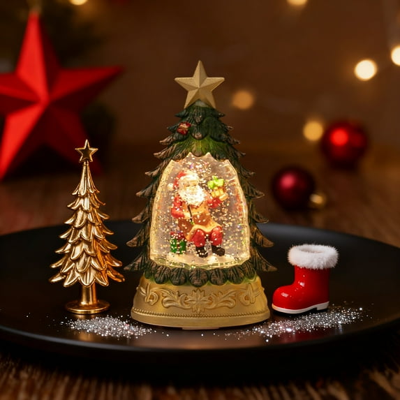 Gumesh Snow Globe Night Light with Christmas Tree, Portable Desktop Decor with Glowing LED Base, Winter Village Scene under Glass Dome
