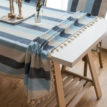 Gumesh Table Cloth Blue Striped Tablecloth Tassels Cotton Linen Dust-Proof Table Cover ， Mediterranean Wind Small Fresh Table Rectangular Coffee Table Cloth Cooling Blanket Throw Blanket