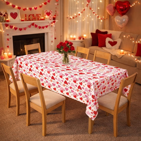 Gumesh Valentine‘s Day Tablecloth 54x108 Inch, Waterproof PVC Rectangular Table Cover with Heart Patterns,Romantic Party Decor for Dinner, Girlfriend Party Supplies