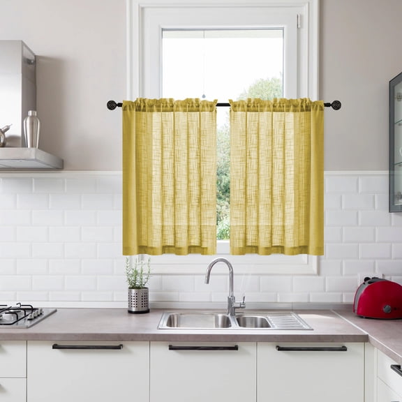 Gumesh Vintage Style Cafe Curtains, 2-Pack - Linen Look Semi-Sheer Short Curtains for Kitchen Window & Bathroom, Farmhouse Tier Curtain Panels with Rod Pocket(25×30Inch,Yellow)