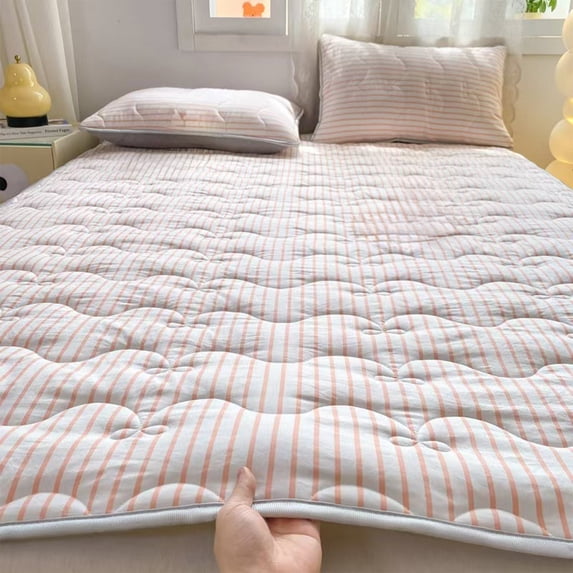 Gumesh Washable Cotton Mattress Protector Pad - Non-Slip Quilted Bed Pad with Striped Design for Student Dormitory & Home Use, Thin Mattress Cover(Pink)