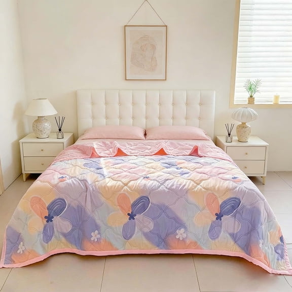 Gumesh Washed Cotton Summer Quilt – Colorful Flower Print Cooling Blanket, Breathable Lightweight(39"×59")