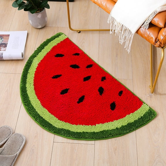 Gumesh Watermelon Half-Moon Floor Rug - Ultra-Plush 0.8 Shaggy Non-Slip Bath Mat, Half Round Door Carpet for Bedroom/Bath/Kitchen, Water Absorbent Fast-Drying Cute Fruits Design Bath Rugs
