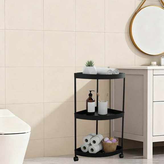 Gumesh Wheeled 3-Layer Triangular Bathroom Corner Shelf - Freestanding Storage Rack with 360° Wheels, Waterproof Toiletries Organizer For Bathroom,Black