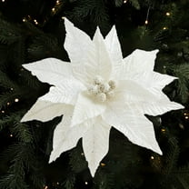 Gumesh White Velvet Christmas Flowers with Green Ice Crystal Leaves, Artificial Floral Stems for DIY Xmas Tree Decor, Holiday Arrangement