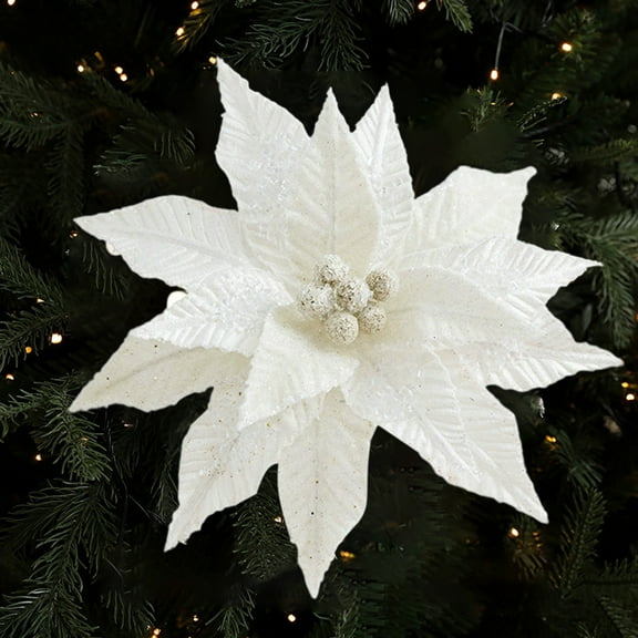 Gumesh White Velvet Christmas Flowers with Green Ice Crystal Leaves, Artificial Floral Stems for DIY Xmas Tree Decor, Holiday Arrangement