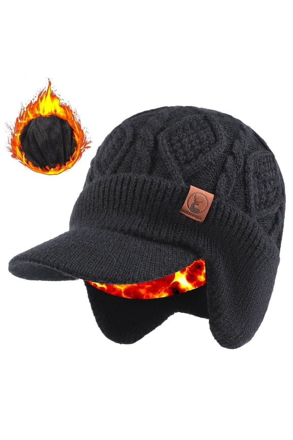 Winter Beanie with Brim and Ear Flaps- Windproof Cold Weather Beanie, Thick Fleece Lining & Visor for Skiing, Snowboarding, Hiking, Unisex Adult,Black
