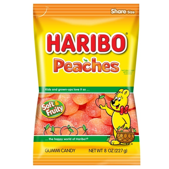 Gummi Candy Haribo, Peaches 4oz Peg, Case Pack of 12