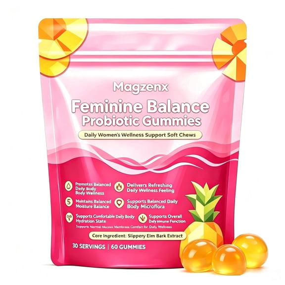 Slippery Elm Bark Extract Feminine Balance Gummies, Women Intimate Flora pH & Moisture Support Soft Chews, Feminine Wellness Supplement, 60 Count