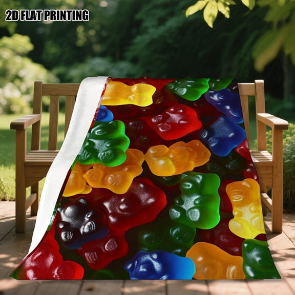 Gummy Bear Blanket Gummy Bear Candy Print Flannel Blanket Soft Warm All Season Bedspread with Gummy Bear Shapes Multicolor Bedding Couch Throw Picnic Camping Accessory