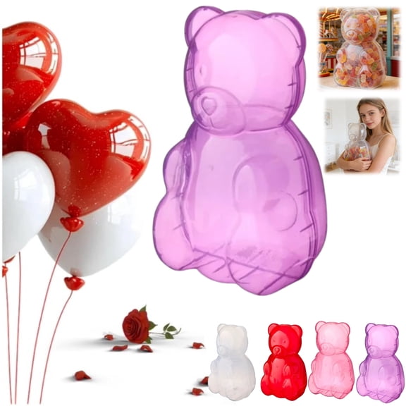 Gummy Bear Containers for Valentine Gifts - Large Clear Plastic Bear Shaped Candy Boxes - Reusable Giant Bear Storage Jar for Birthday Party Favors, Festive Decor(Purple)