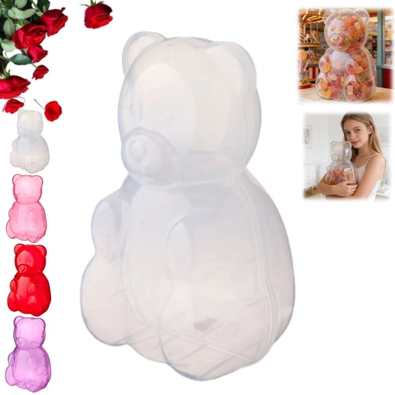 Gummy Bear Storage Box - Clear Plastic Cute Bear Shaped Gummy Bear Container, Spacious Candy Boxes for Valentine Gift, Valentine's Day & Birthday Party Favors (White,1PC)