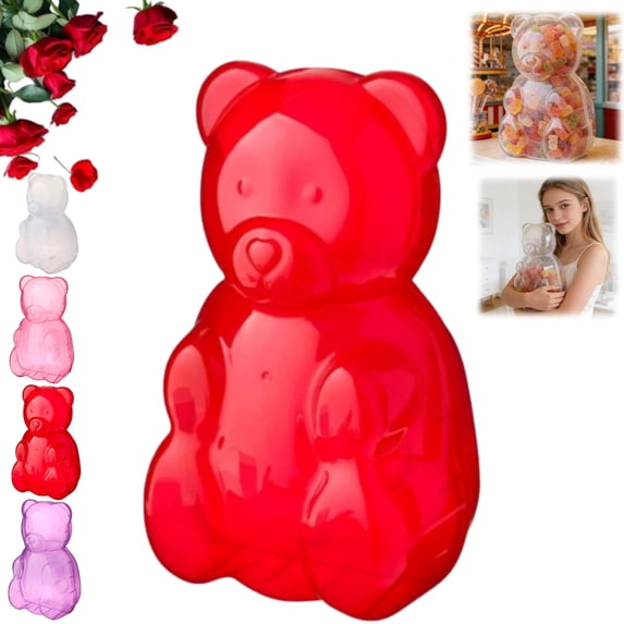 Gummy Bear Storage Box - Clear Plastic Cute Bear Shaped Gummy Bear Container, Spacious Candy Boxes for Valentine Gift, Valentine's Day & Birthday Party Favors (Red,1PC)