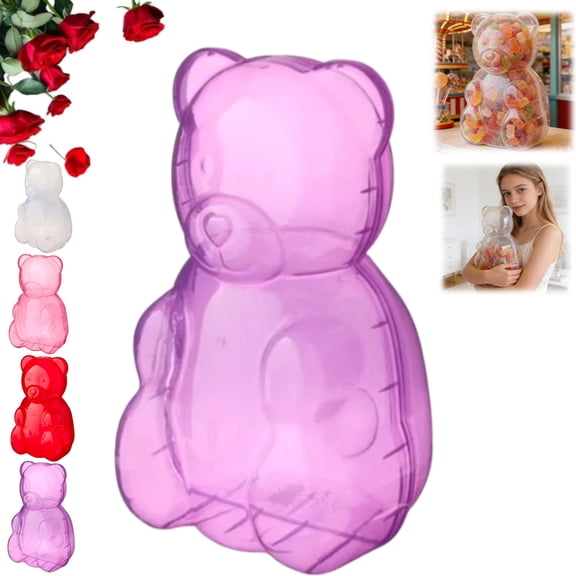Gummy Bear Storage Box - Clear Plastic Cute Bear Shaped Gummy Bear Container, Spacious Candy Boxes for Valentine Gift, Valentine's Day & Birthday Party Favors (Purple,1PC)