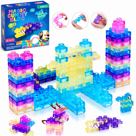 40-Piece Sensory Soft Building Blocks Set for Toddlers & Kids, Squeezable & Stretchable Stacking Toy, Early Educational & Creative Construction Play Kit