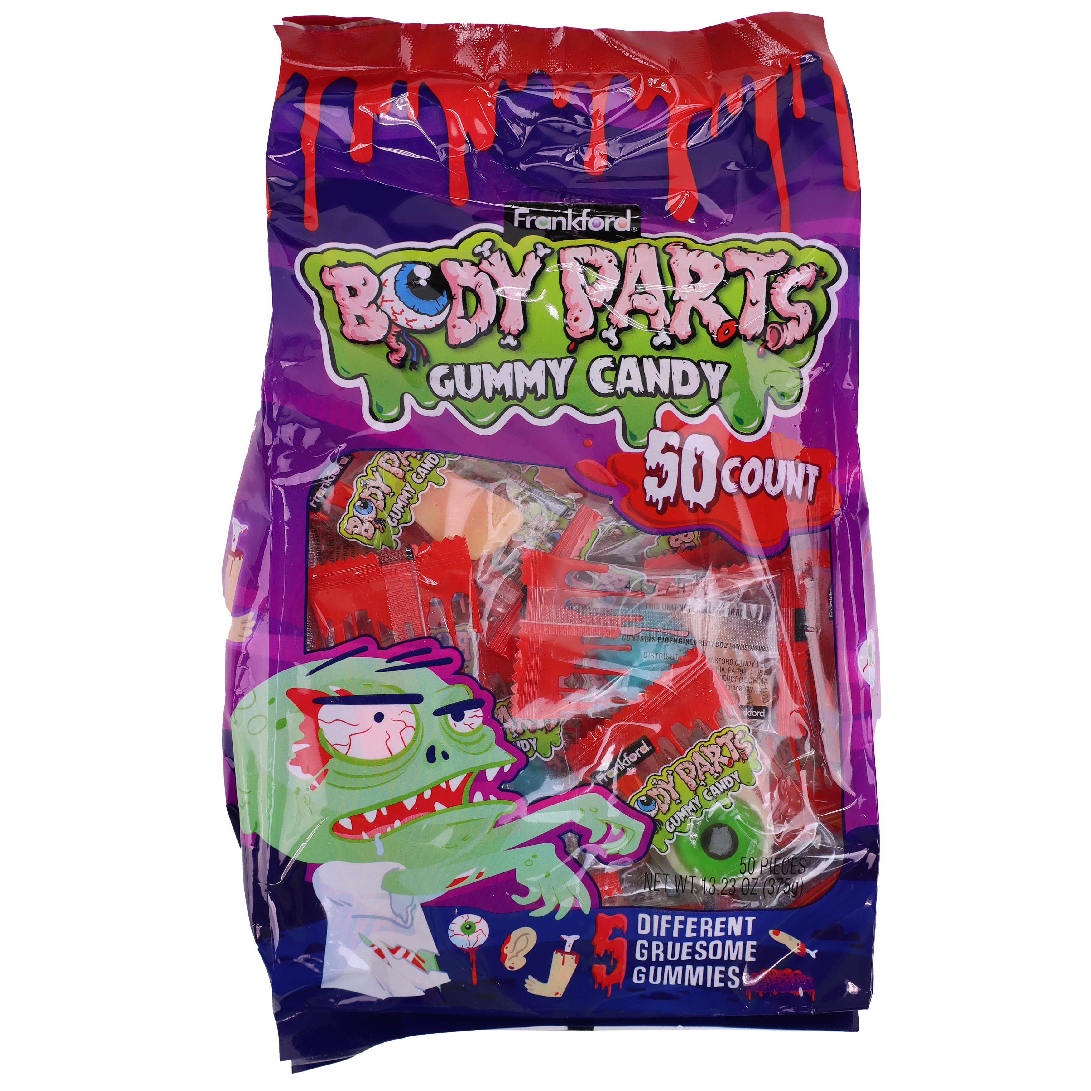 Gomitas de Cuerpo Frankford, Bolsa de 50 – Gomitas de Halloween Variadas, Golosinas para Fiestas de Terror, Dulces para Trick or Treat, Envueltas Individualmente