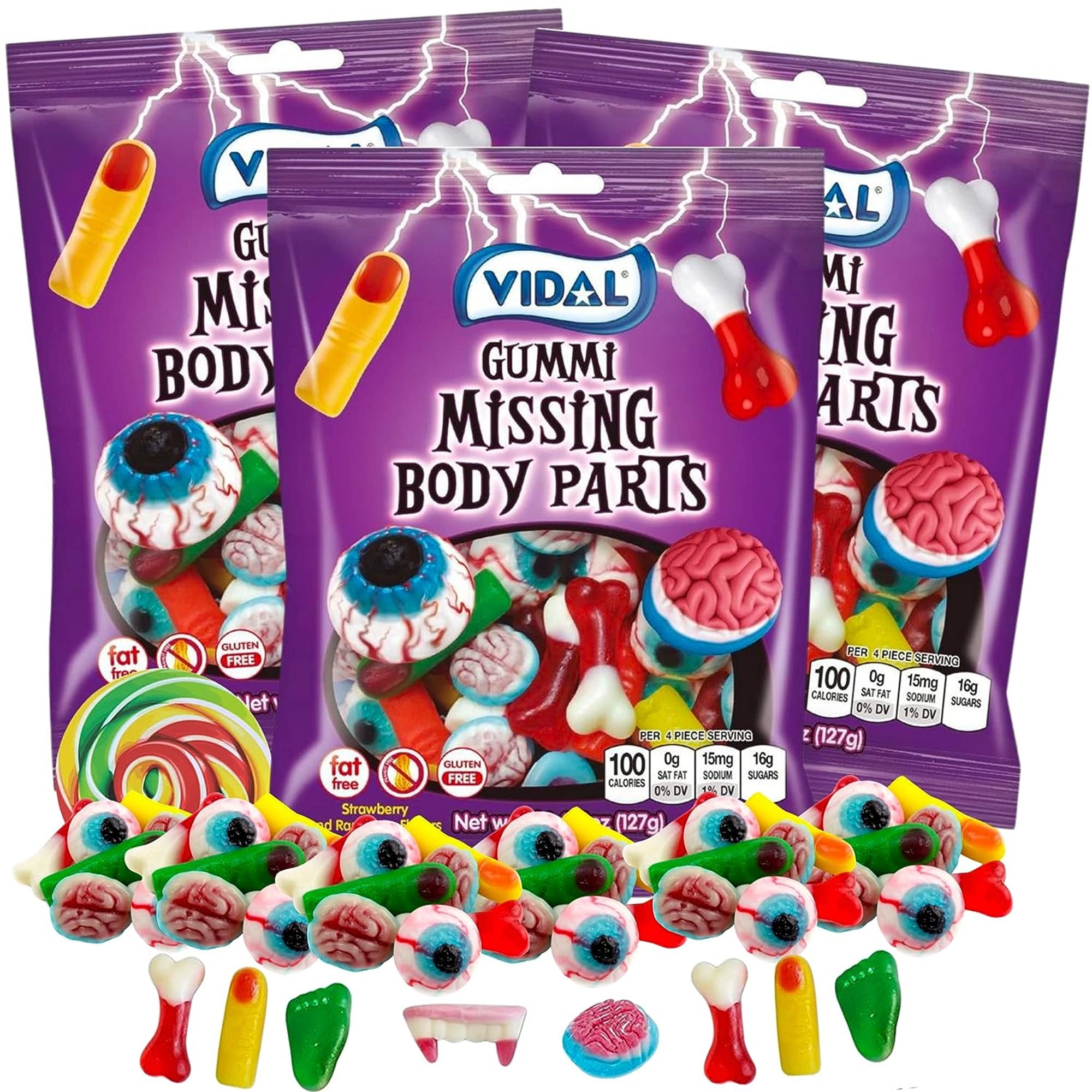 Halloween Gummy Body Parts, Trick or Treat Candy, Pack of 3, 4.5 Ounces