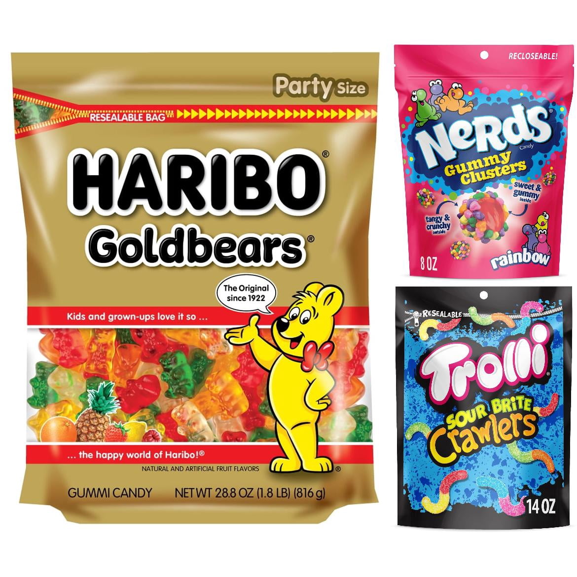 Gummy Candy Variety Bundle with HARIBO Goldbears, NERDS Gummy Clusters and Trolli Sour Brite Crawlers