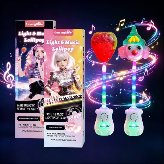 Gummy Glow Glowing Music Lollipop, Sugar-Free Mixed Fruit Flavor Candy Vegan 2 Counts Strawberry and Peach
