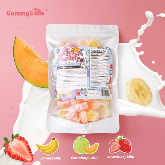 Gummy Glow Milk Wax Candy, Retro Chewy Candy, 12oz Bulk Bag (55-65 Pcs) Triple Creamy Milk Flavors (Banana, Strawberry, Melon), 12oz bag