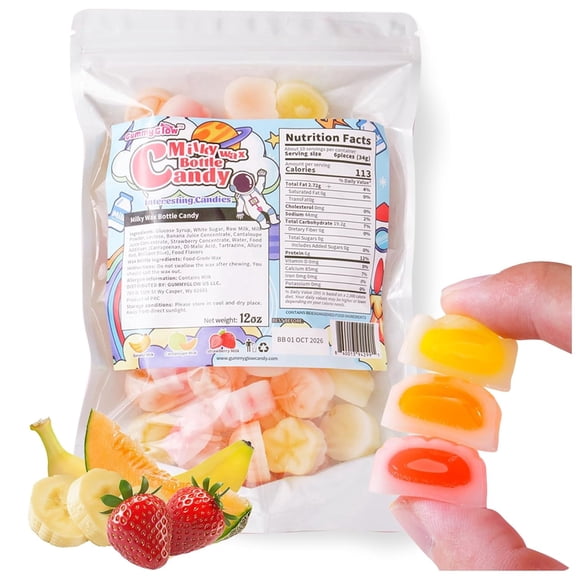 Gummy Glow Wax Candy Milk Series - Retro Chewy Candy, 12oz Bulk Bag (55-65 Pcs) Triple Creamy Milk Flavors (Banana, Strawberry, Melon) - Old School Nostalgic Treats