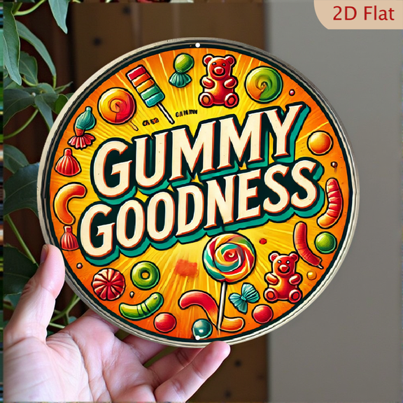 Gummy Goodness Round Metal Wall Art, Vibrant Candy Themed Aluminum Sign, 8x8 Inch Decorative Poster for Kitchen Candy Shop or Kids Room Decor