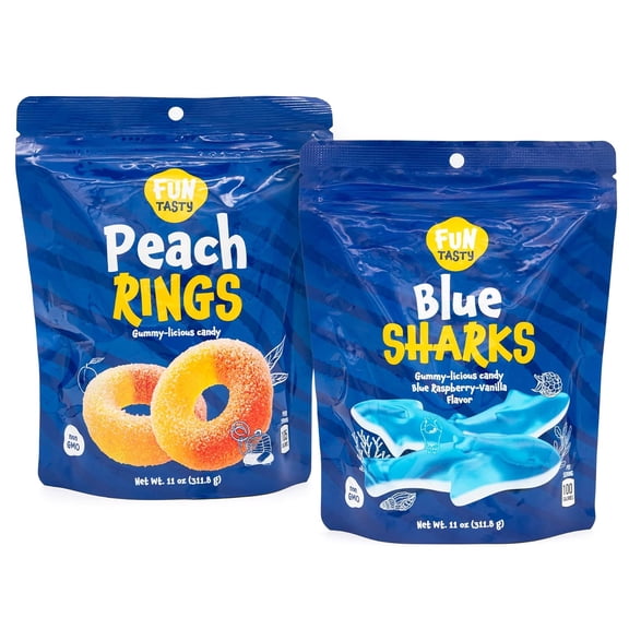 Gummy Sharks & Peach Rings - 2 Packs (22 Ounce Total) - Blue Raspberry and Peach Flavors