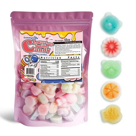 GummyGlow Fruity Wax Candy, 55-65 Pieces Chewy Candies, Wax Bottles Fun Nostalgic Candy Drink 0.75 bl