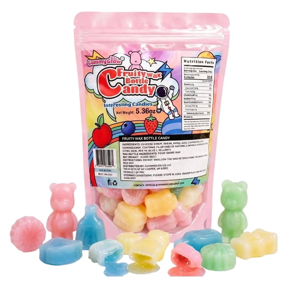 GummyGlow Wax Candy Assorted Fruit Flavored Hard Candy, Wax Bottle Candy Bulk Bag, 5.36oz
