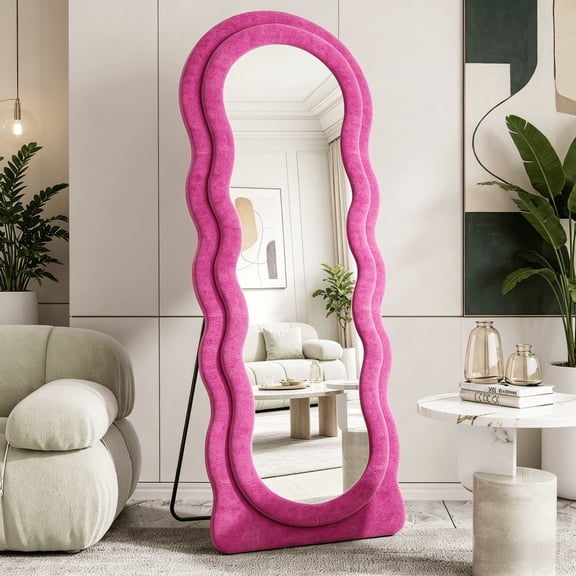 Gumnay Full Length Floor Mirror, 63"x24" Arched Wavy Standing Mirror, Flannel Body Mirror (Pink)