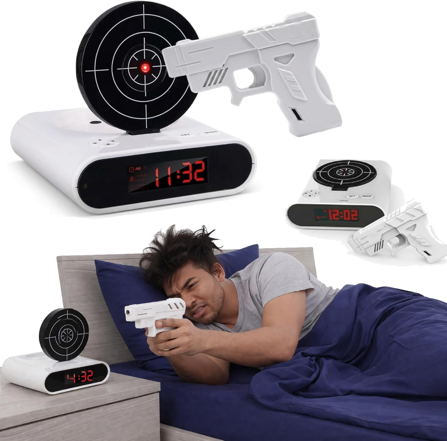 Gun Alarm Clock, Shot Timer, Shooting Timing Clocks, Display Ringtones Customization, Modern Target Creative Clocks, Shoot the Target to Shut It Off, Built for People Who Hate Mornings (White)