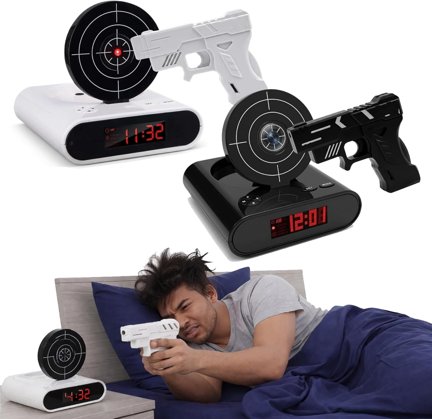 Gun Alarm Clock, Shot Timer, Shooting Timing Clocks, Display Ringtones Customization, Modern Target Creative Clocks, Shoot the Target to Shut It Off, Built for People Who Hate Mornings (2Pcs)