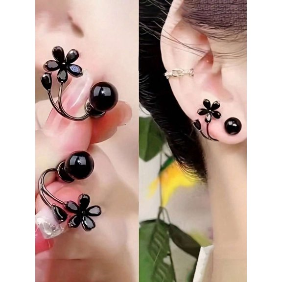 Gun Black Rhinestone Flower Ball Climber Earrings With S-Shaped Hook Design