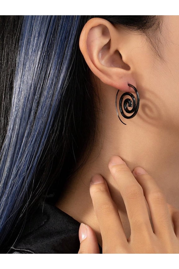 Gun Black Spiral Hoop Earrings For Women, Oversized Hollow Circular Hook Design